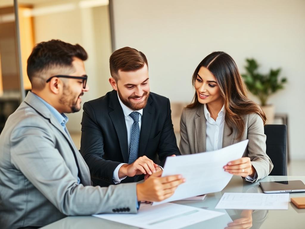 Property consultation with clients reviewing documents